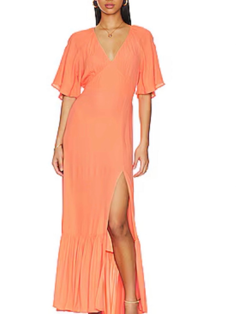 REVOLVE Coral V-Neck Flutter Sleeve Maxi Dress with Side Slit
